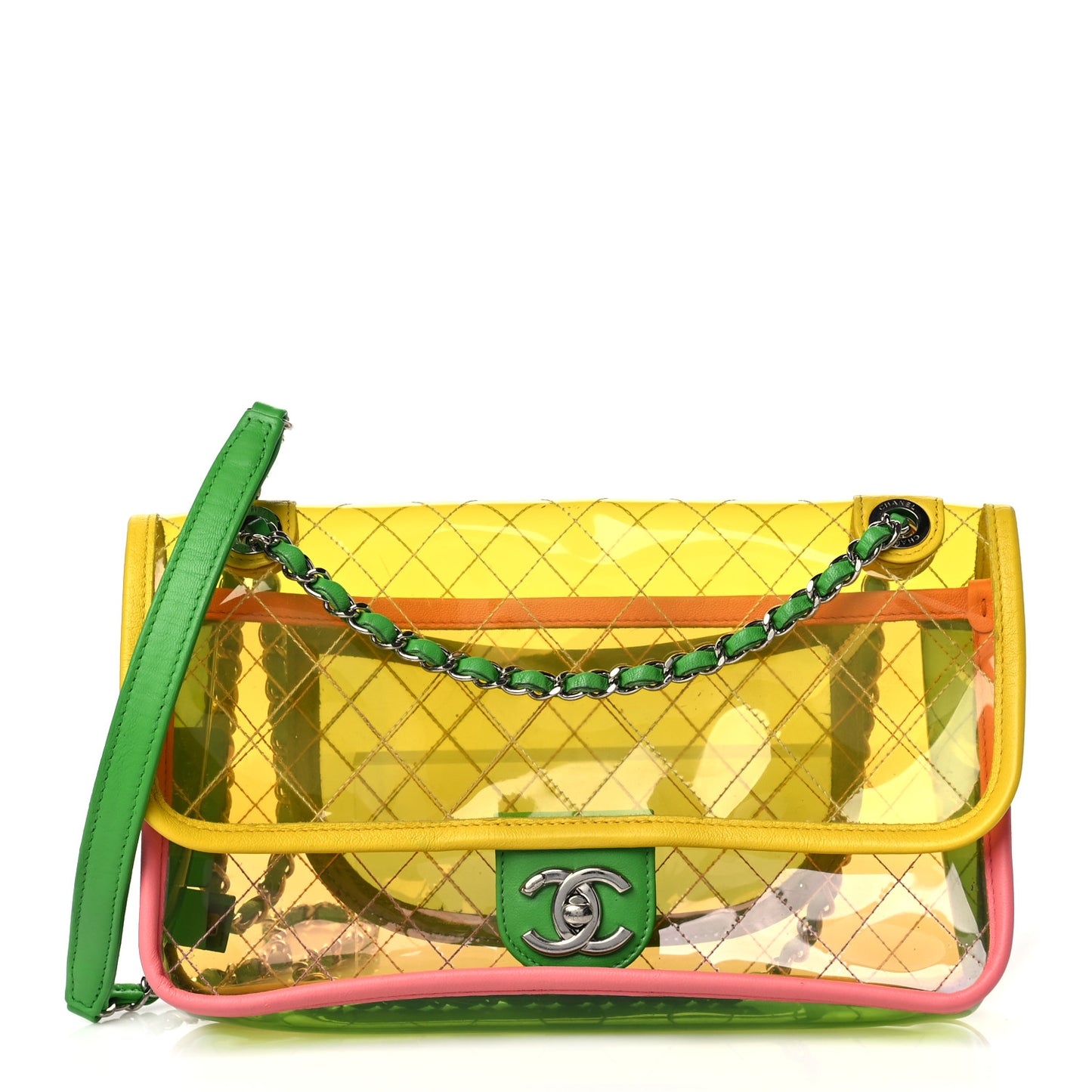 PVC Lambskin Stitched Medium Coco Splash Flap Yellow Green Pink