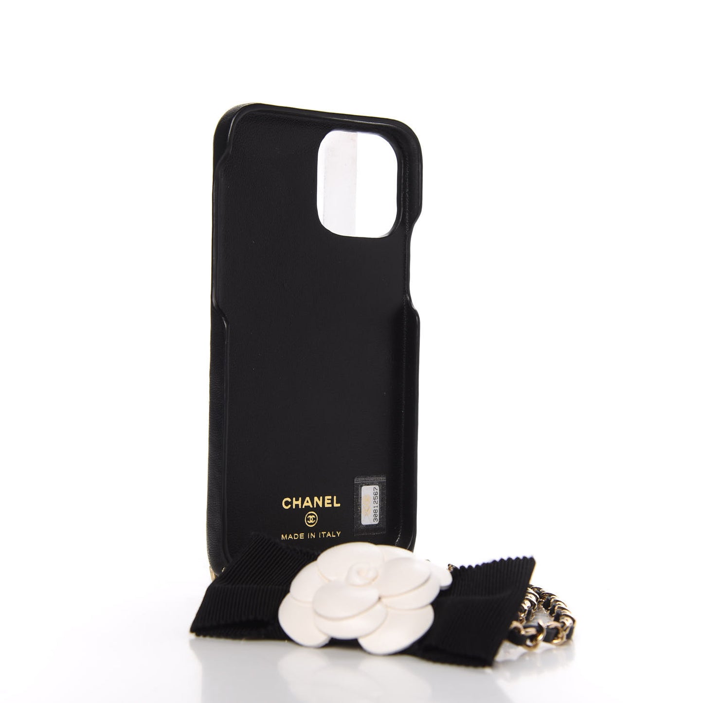 Lambskin Quilted Camellia Bow iPhone XII Pro Holder With Chain Black