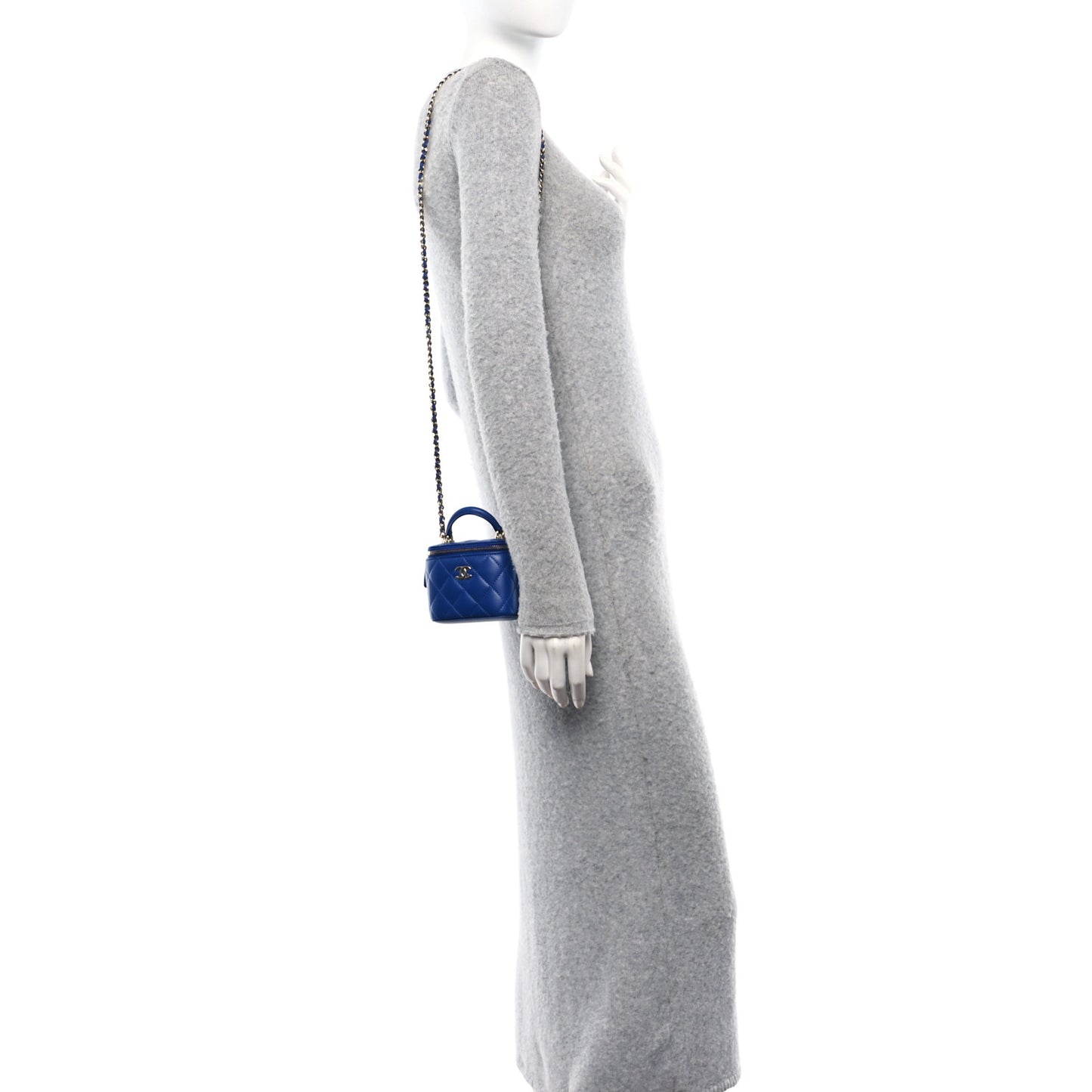 Lambskin Quilted Top Handle Mini Vanity Case With Chain Blue