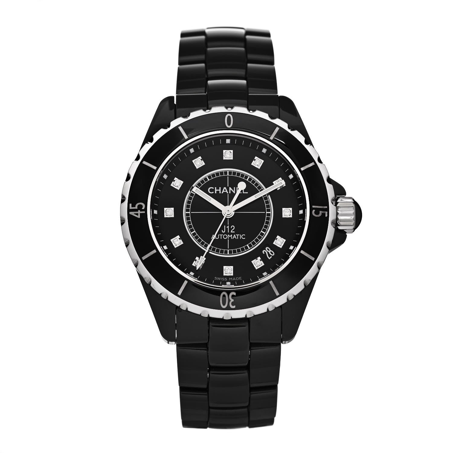 Chanel Stainless Steel Ceramic Diamond 38mm J12 Automatic Watch Black 1 of 5