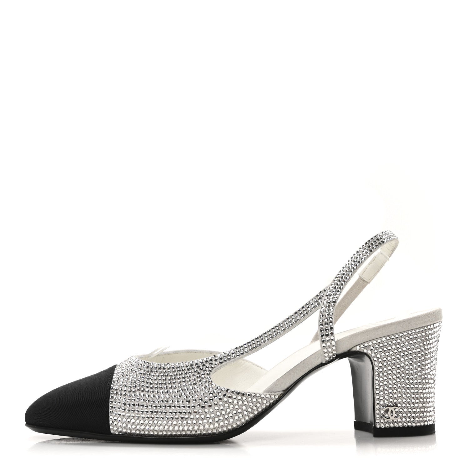 Chanel Strass Grosgrain Cap Toe CC Slingback Pumps 39 Silver Black