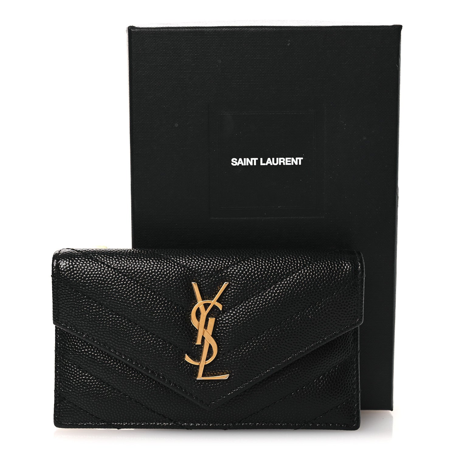 Saint Laurent Grain De Poudre Matelasse Chevron Monogram Compact Wallet Black 10 of 10