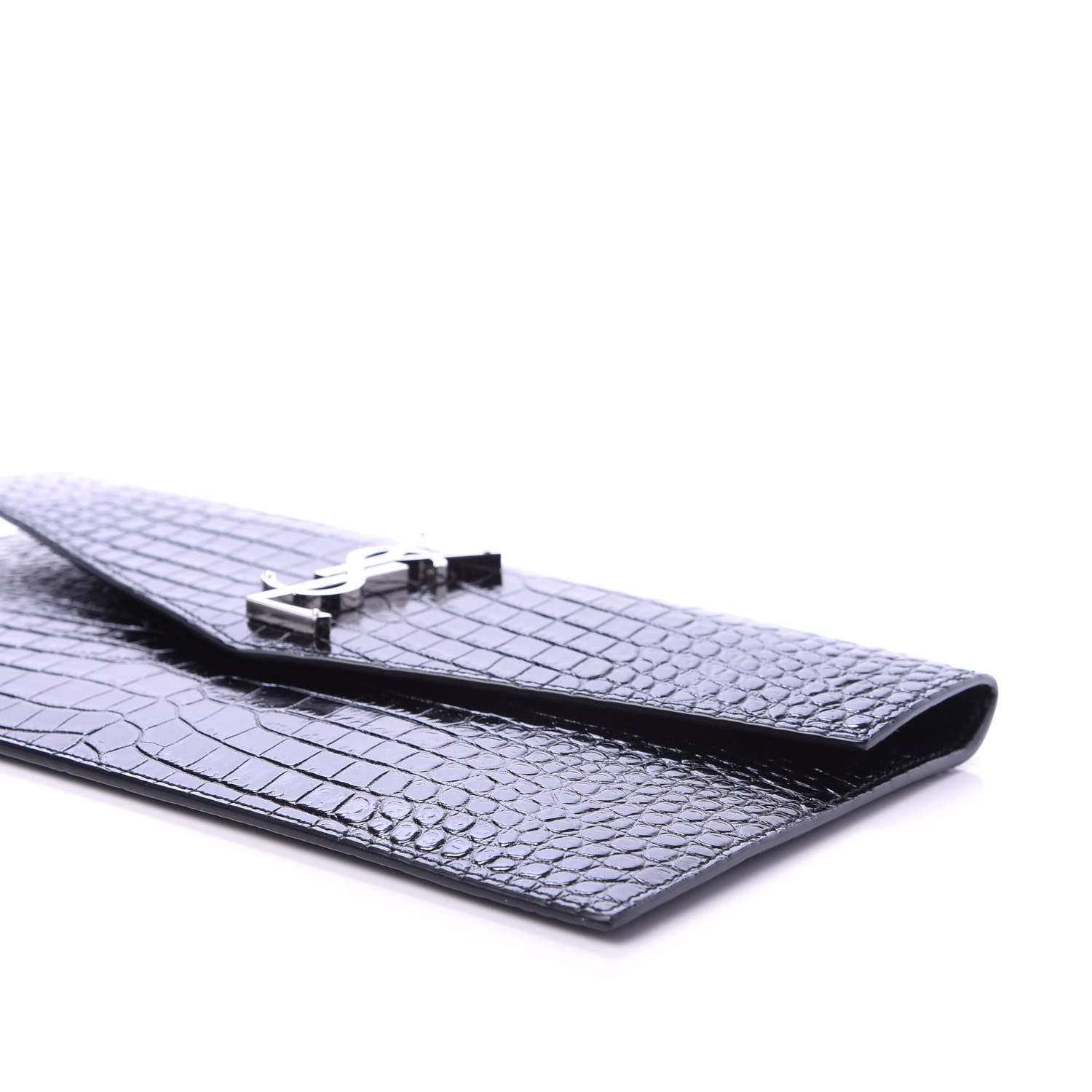 Saint Laurent Calfskin Crocodile Embossed Uptown Monogram Clutch Black 7 of 10