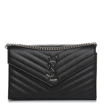 Saint Laurent Grain De Poudre Matelasse Chevron Monogram Chain Wallet Black 1 of 7