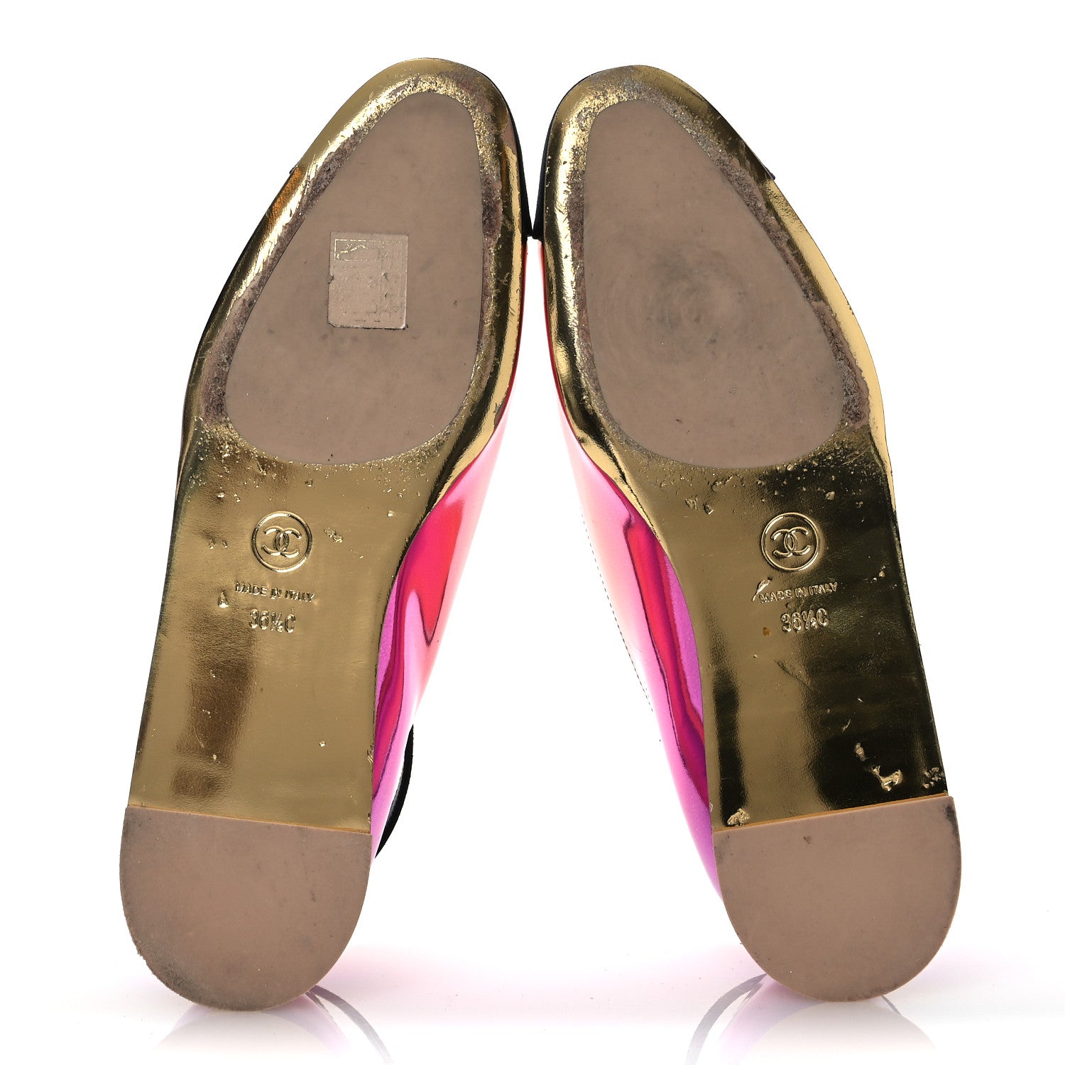 Chanel Laminated Calfskin Grosgrain Cap Toe CC Flats 36.5 Pink Orange Yellow Black 6 of 12