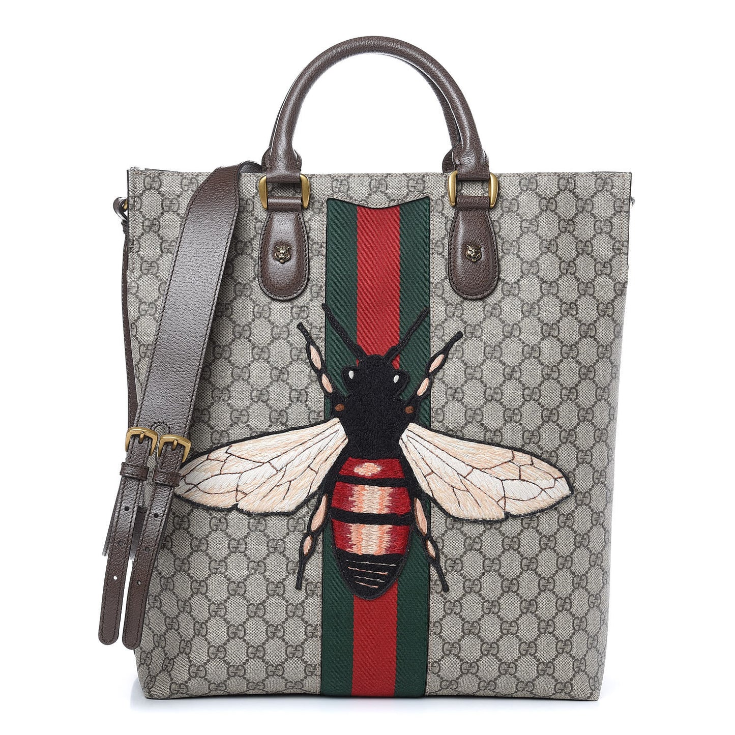 GG Supreme Monogram Web Animalier Bee Vertical Tote Brown