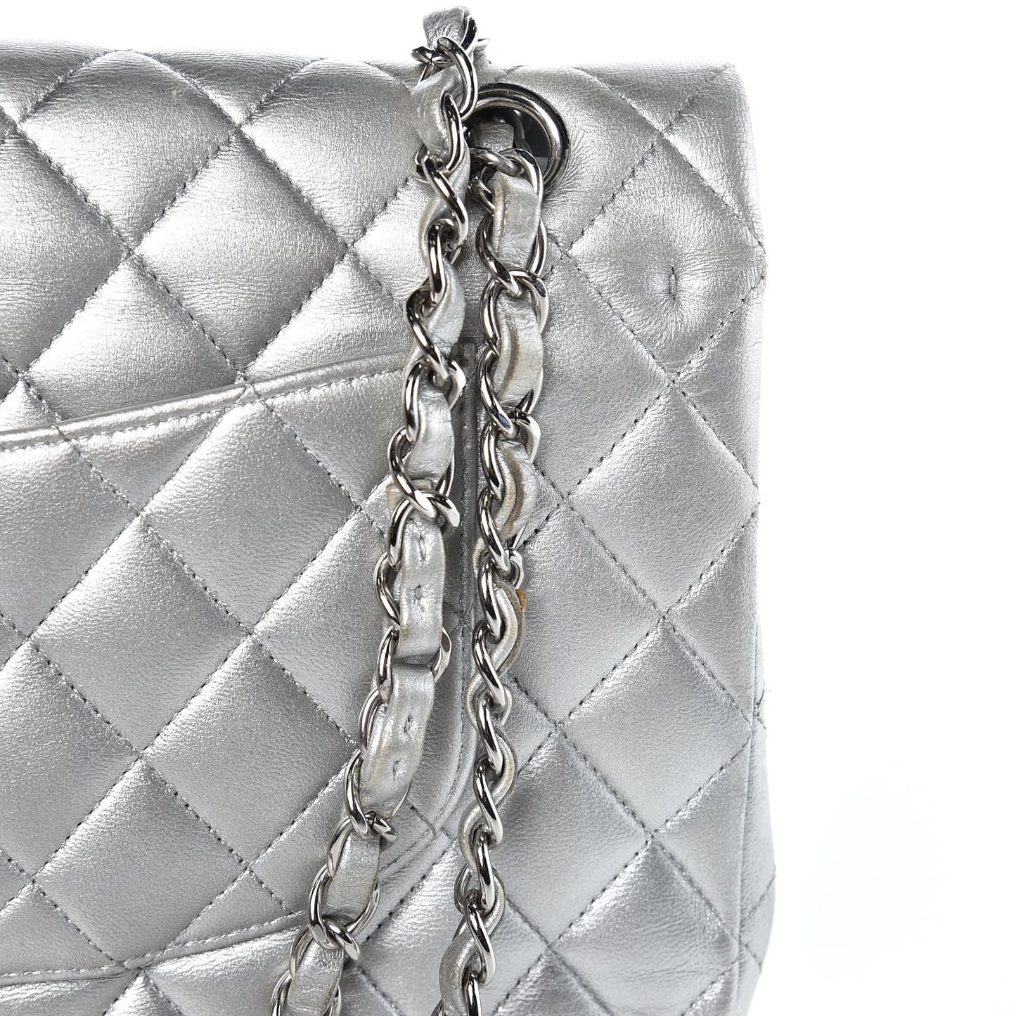 Metallic Lambskin Quilted Medium Double Flap Silver