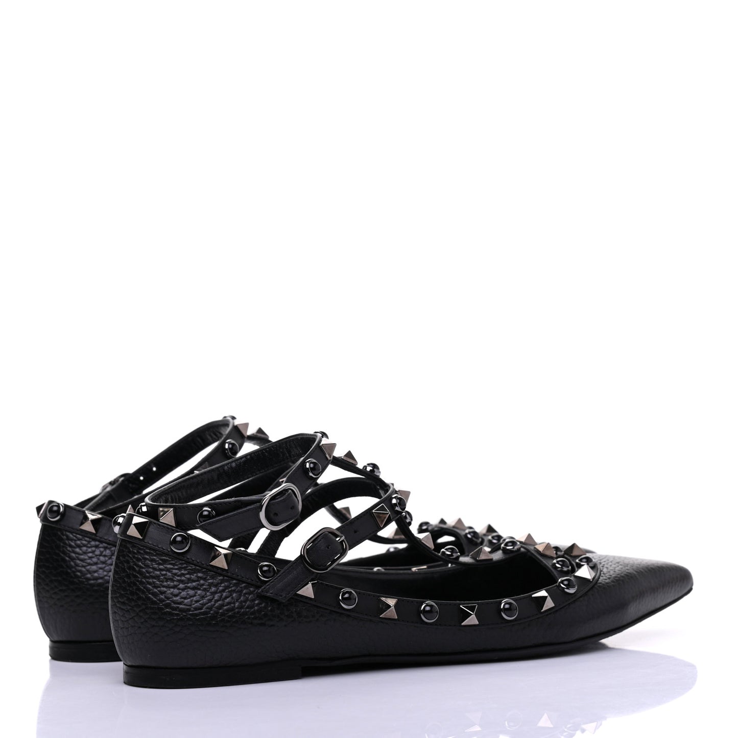 Pebbled Calfskin Onyx Rockstud Rolling Cage Ballerina Flats 38 Black