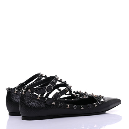 Valentino Garavani Pebbled Calfskin Onyx Rockstud Rolling Cage Ballerina Flats 38 Black 7 of 18