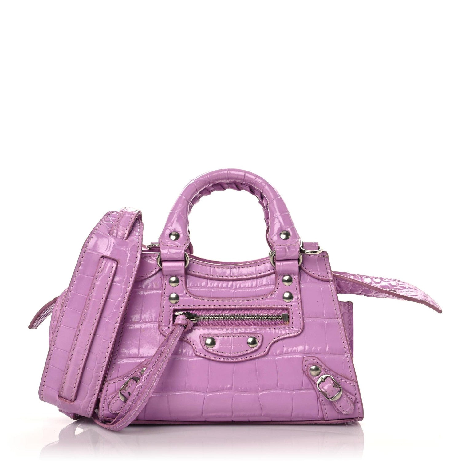 Balenciaga Calfskin Crocodile Embossed Neo Classic Silver Hardware Nano City Crossbody Lilac 1 of 14