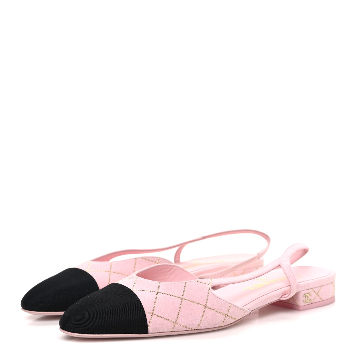 Chanel Suede Crystal Grosgrain Cap Toe CC Slingback Flats 39 Pink Gold Black 4 of 10