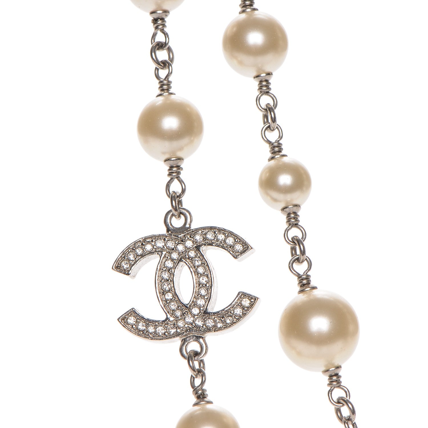 Chanel Crystal Pearl CC Long Necklace Silver 4 of 6