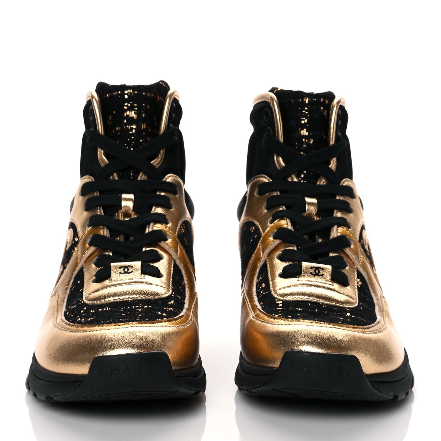 Satin Lambskin Fabric Tweed CC High Top Sneakers 37.5 Black Gold