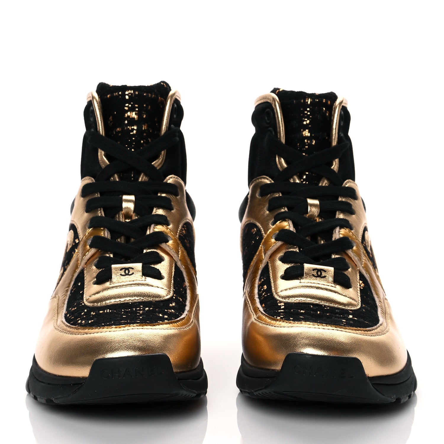 Chanel Satin Lambskin Fabric Tweed CC High Top Sneakers 37.5 Black Gold 3 of 10