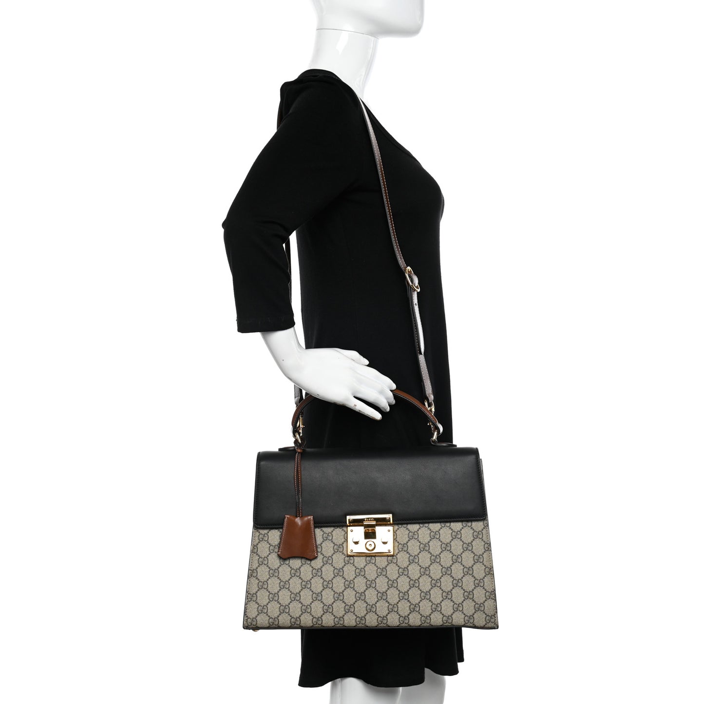 GG Supreme Monogram Calfskin Medium Padlock Top Handle Bag Beige Black Cuir