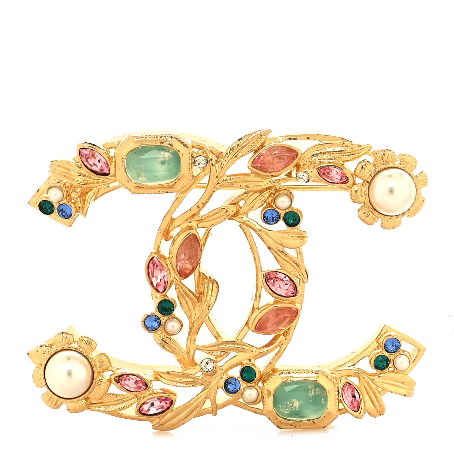 Crystal Pearl CC Leaf Brooch Gold Multicolor