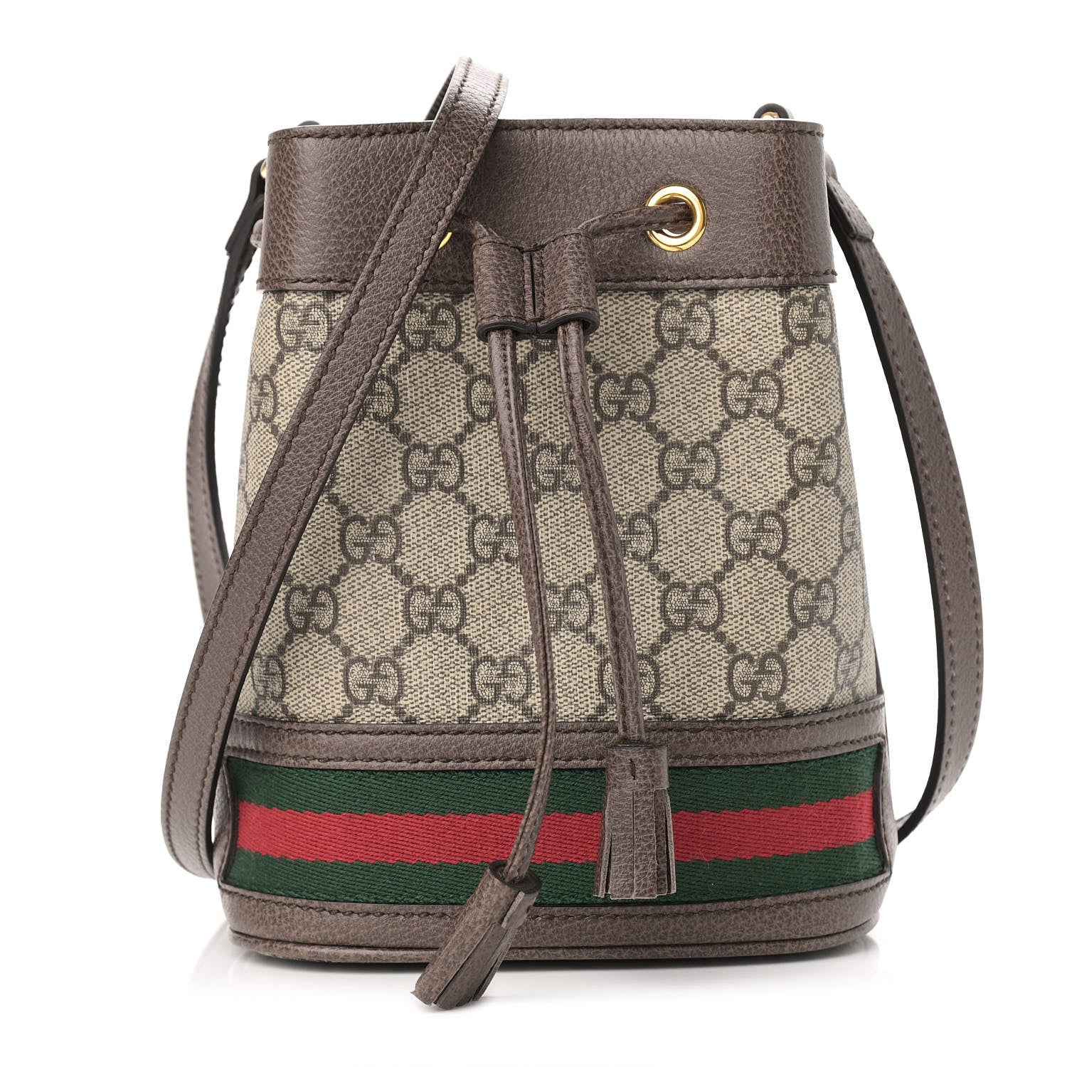 Gucci GG Supreme Monogram Web Mini Ophidia Bucket Bag Brown 1 of 10