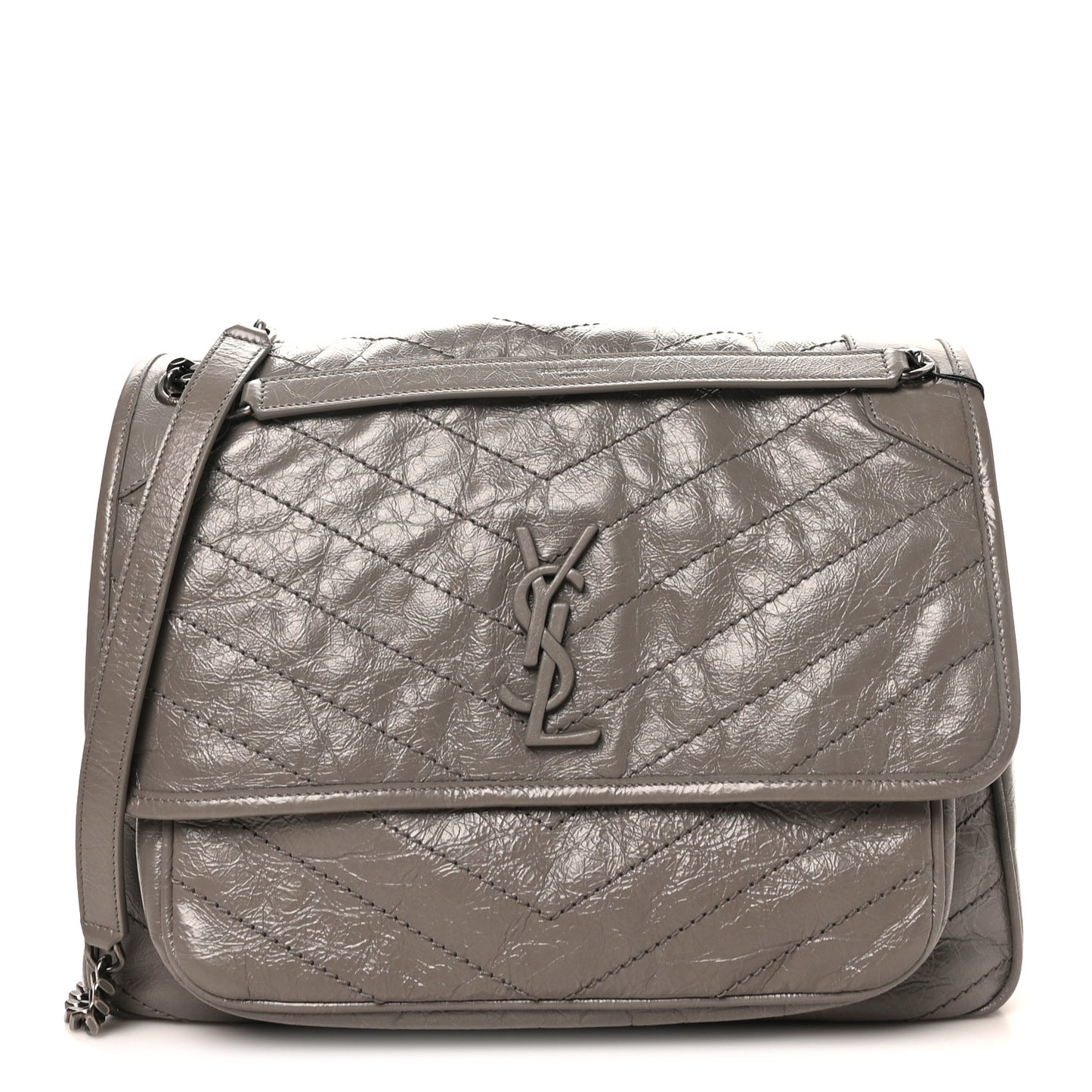 Crinkled Calfskin Matelasse Monogram Large Niki Chain Satchel Fog
