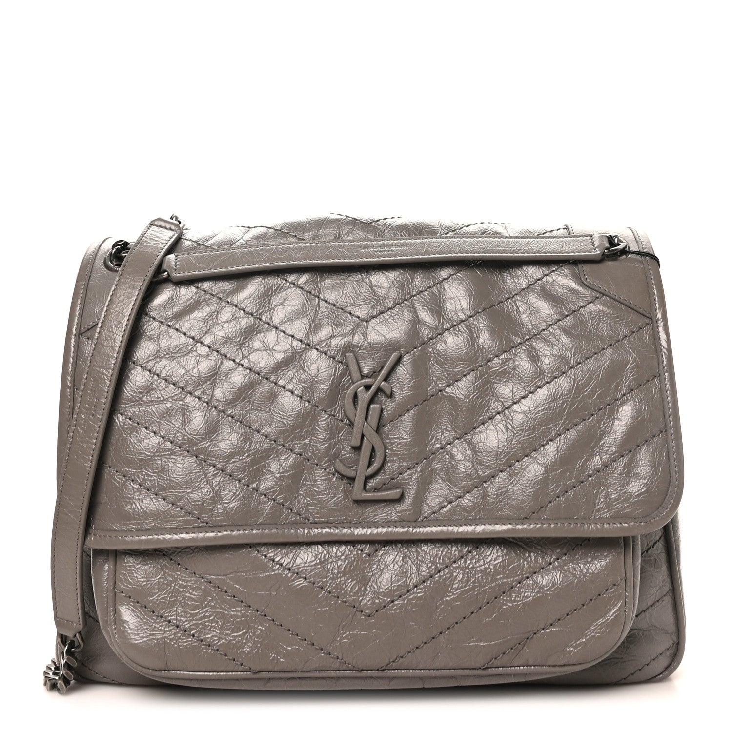 Saint Laurent Crinkled Calfskin Matelasse Monogram Large Niki Chain Satchel Fog 1 of 10