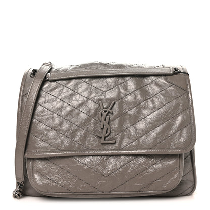 Saint Laurent Crinkled Calfskin Matelasse Monogram Large Niki Chain Satchel Fog 1 of 10