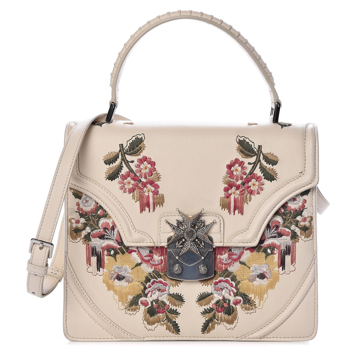 Calfskin Embroidered Flower Satchel Off White