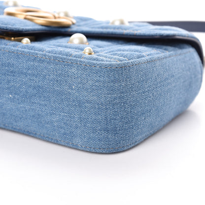 Gucci Denim Matelasse Pearl Studded Mini GG Marmont Shoulder Bag Blue 10 of 10