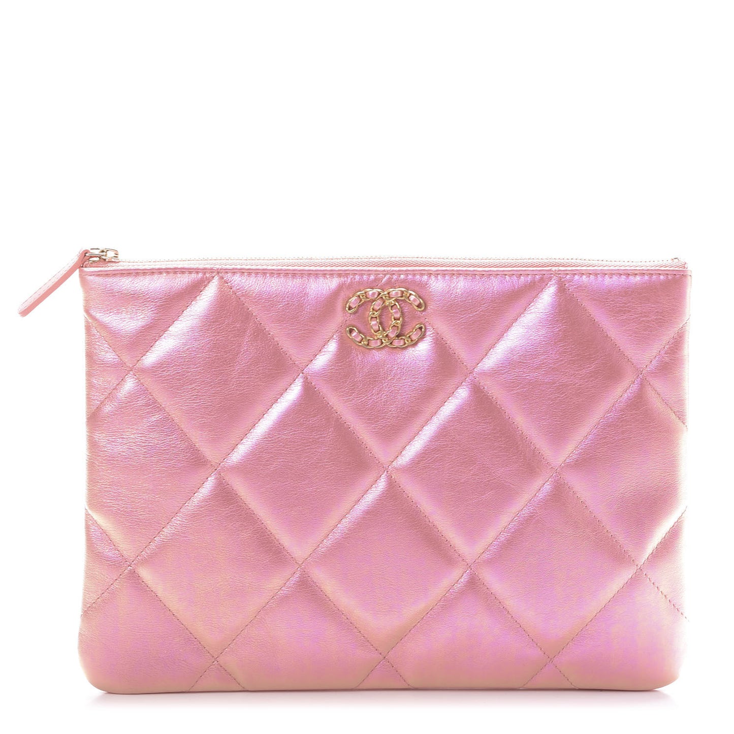 Iridescent Calfskin Quilted Large Chanel 19 Pouch Pink
