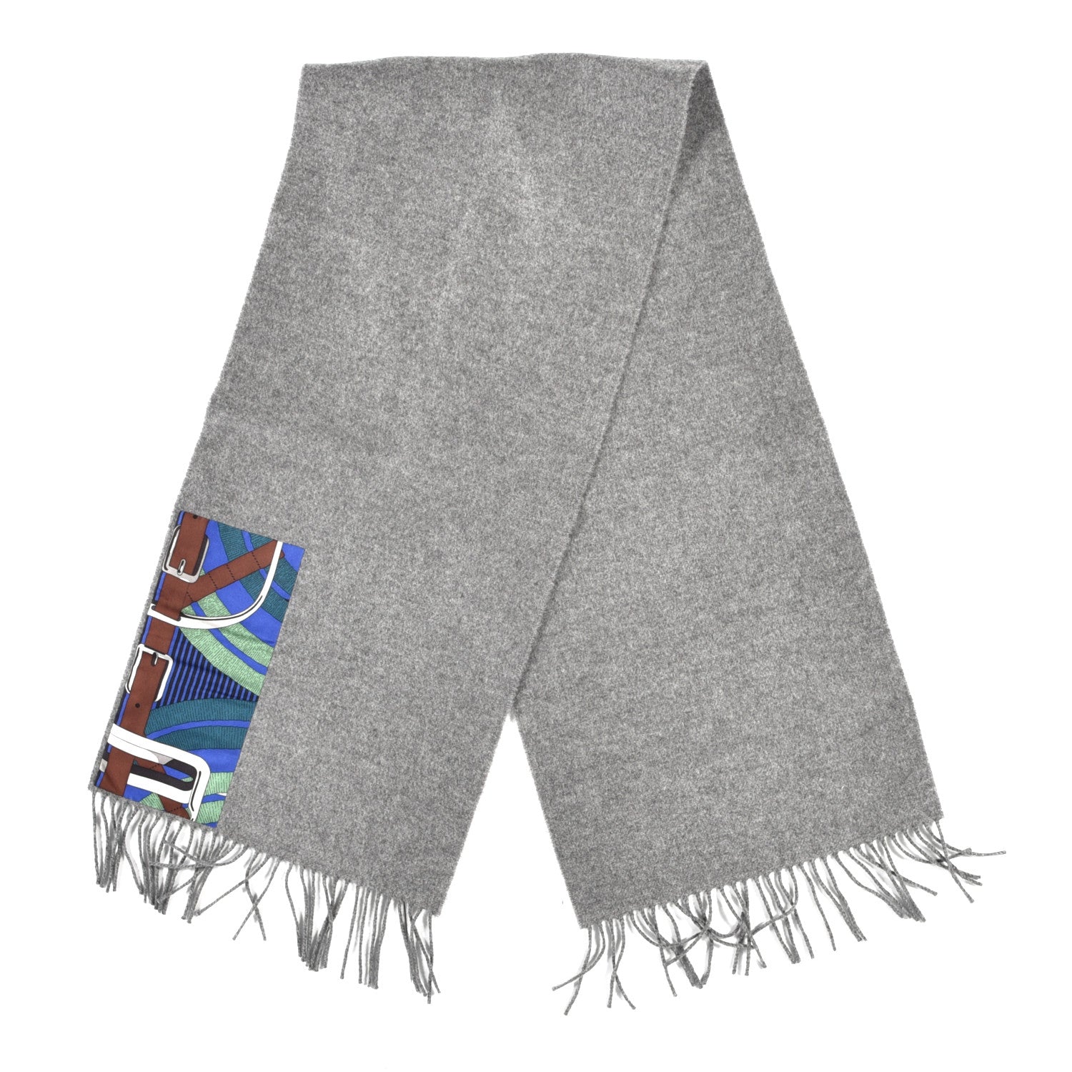 Hermes Cashmere Silk Patch de Soie Muffler Gris Chine 2 of 3