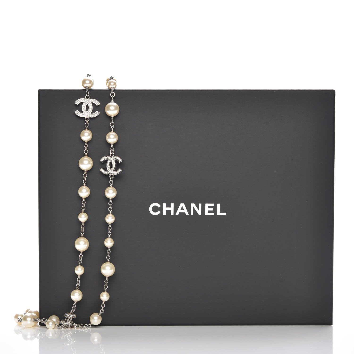 Chanel Crystal Pearl CC Long Necklace Silver 6 of 6