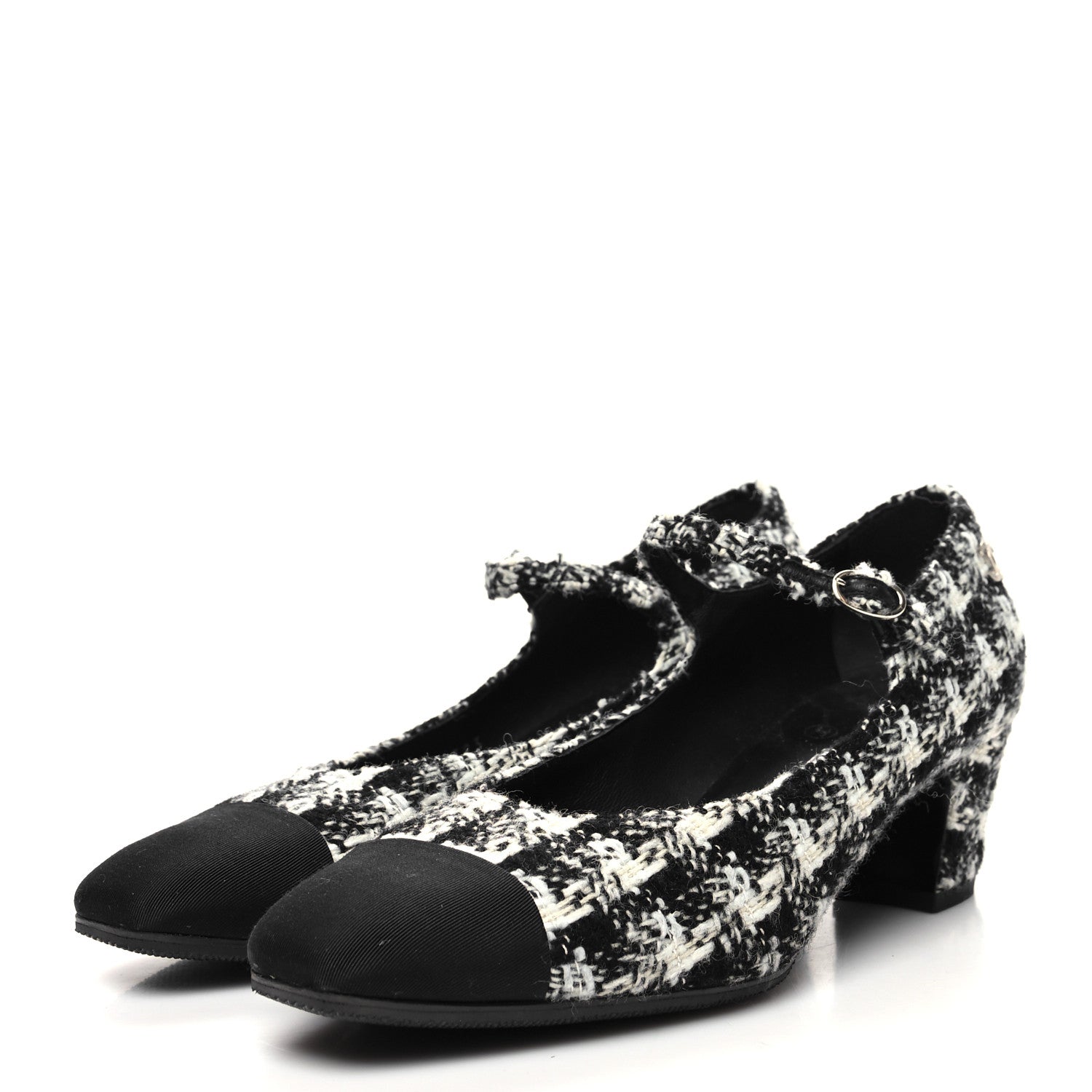 Chanel Tweed Grosgrain Cap Toe Mary Jane Mid Heel Strap Pumps 39.5 White Black 3 of 8