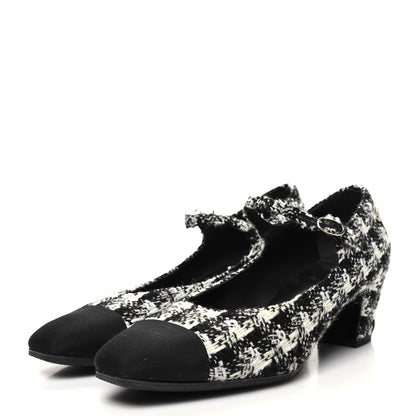 Chanel Tweed Grosgrain Cap Toe Mary Jane Mid Heel Strap Pumps 39.5 White Black 3 of 8