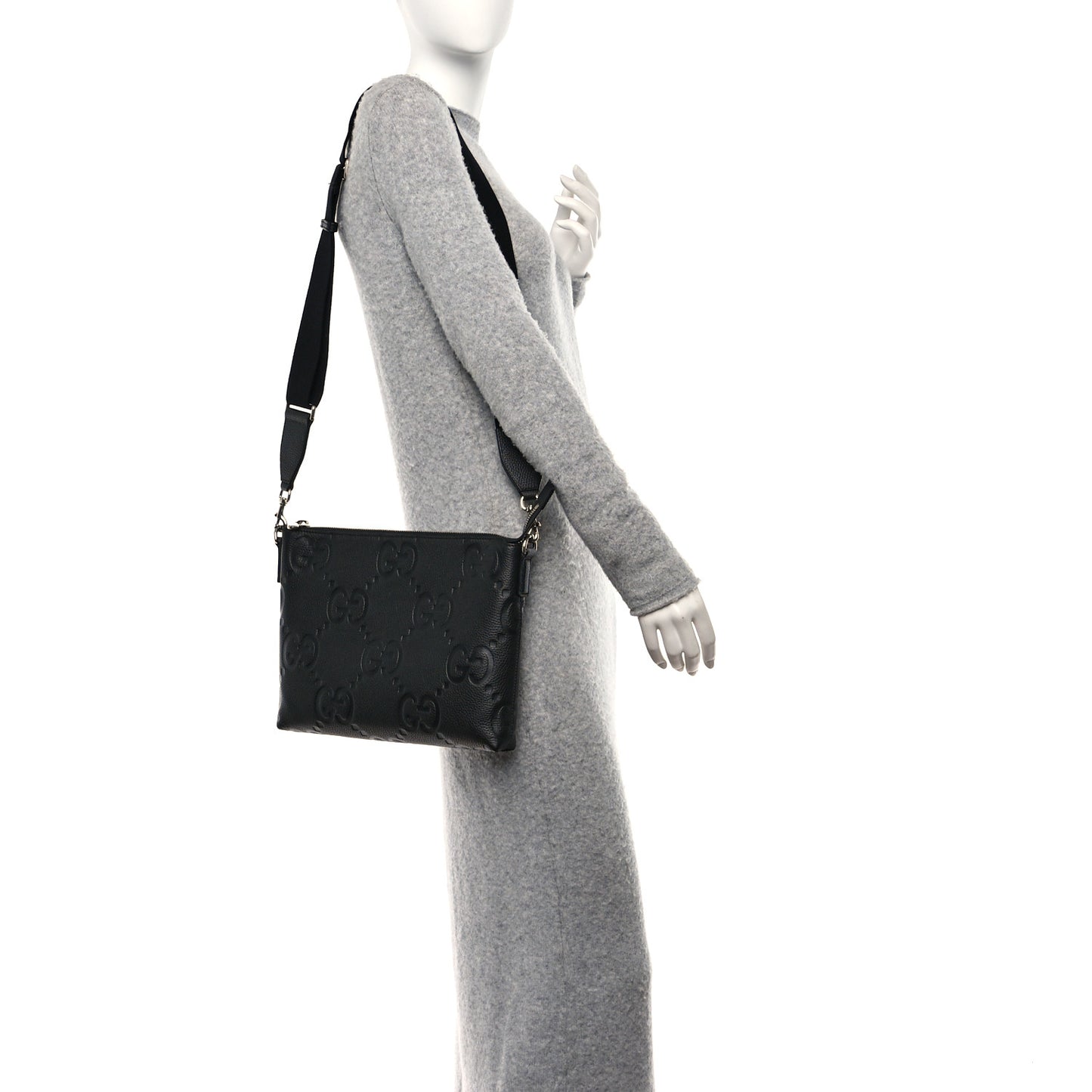 Piuma Calfskin Jumbo GG Embossed Medium Wristlet Messenger Bag Black