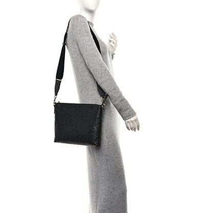 Gucci Piuma Calfskin Jumbo GG Embossed Medium Wristlet Messenger Bag Black 3 of 10