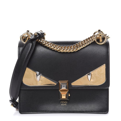 Fendi Vitello Liberty Metal Monster Eyes Small Kan I Shoulder Bag Black Gold 1 of 10