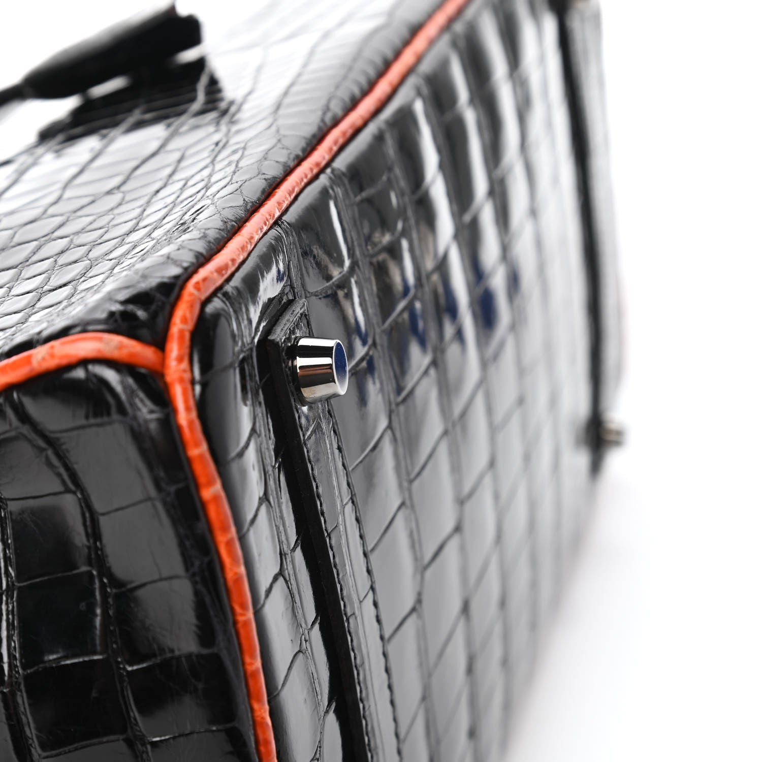Hermes Shiny Porosus Crocodile Birkin 35 Black Orange 7 of 34