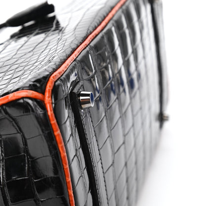 Hermes Shiny Porosus Crocodile Birkin 35 Black Orange 7 of 34