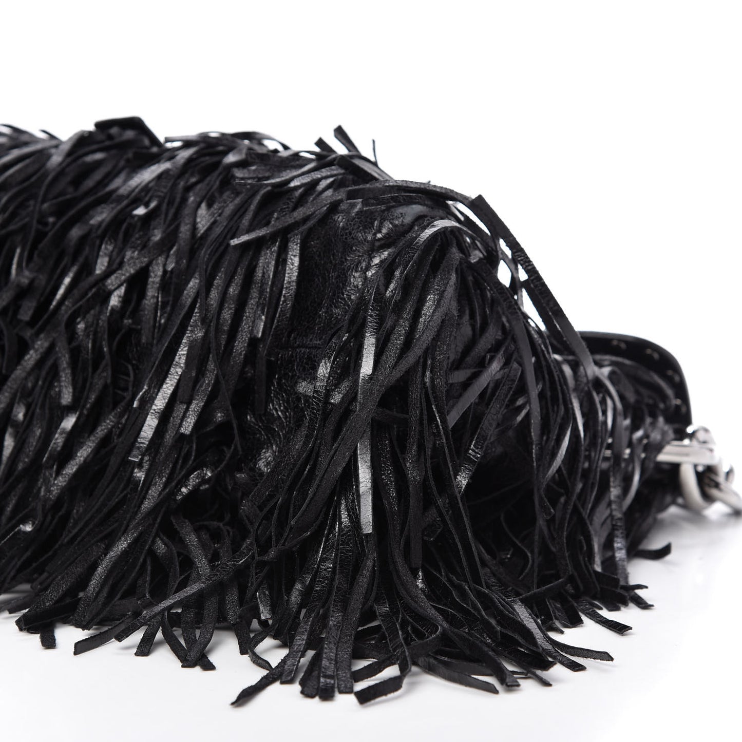 Vitello Shine Fringe Studded Flap Hobo Black