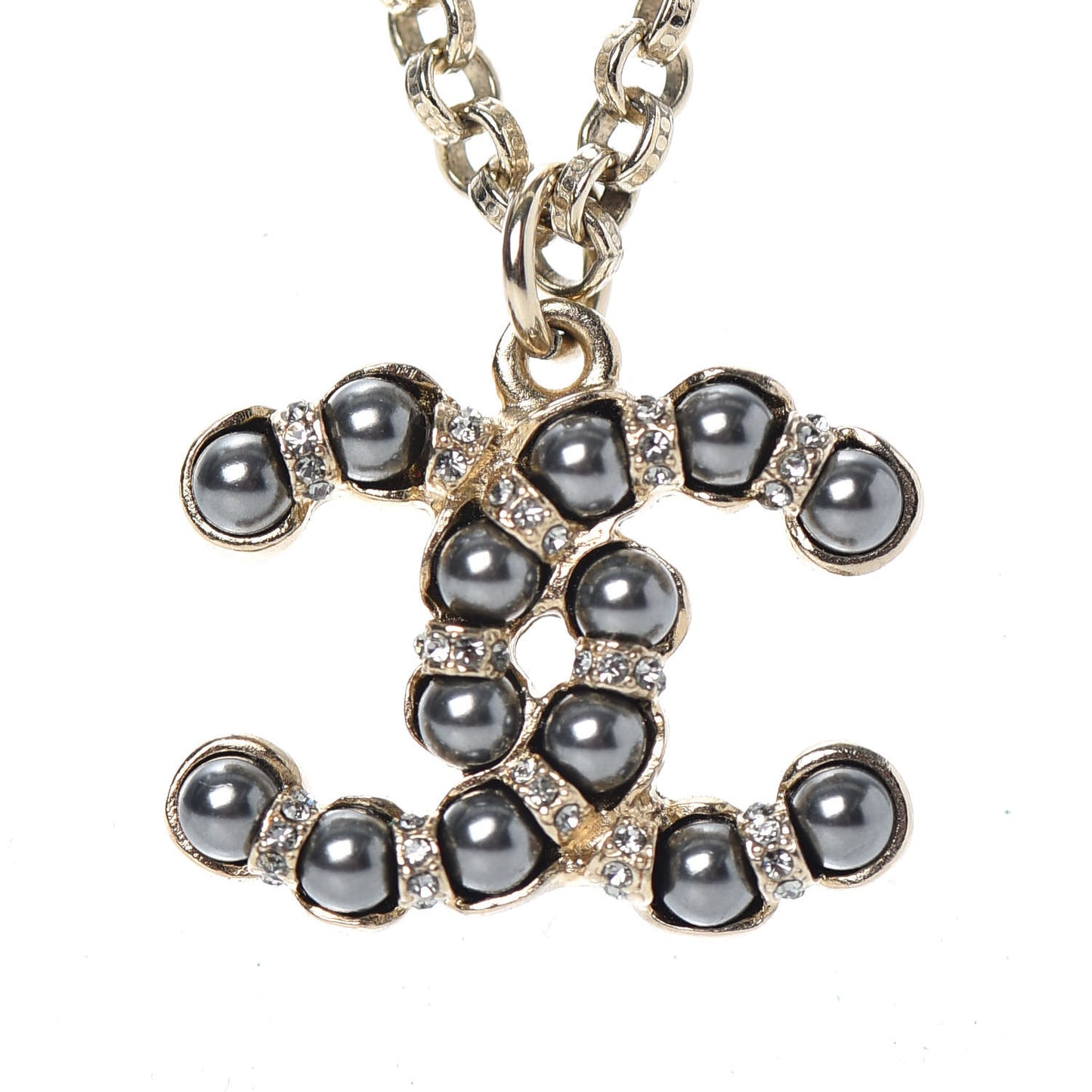 Crystal Pearl Nefertiti CC Pendant Necklace Gold Grey