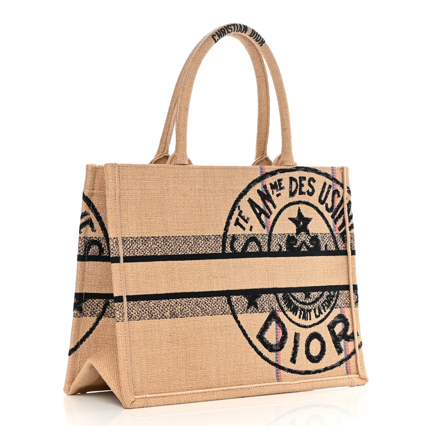 Canvas Jute Embroidered Medium Book Tote Black Beige