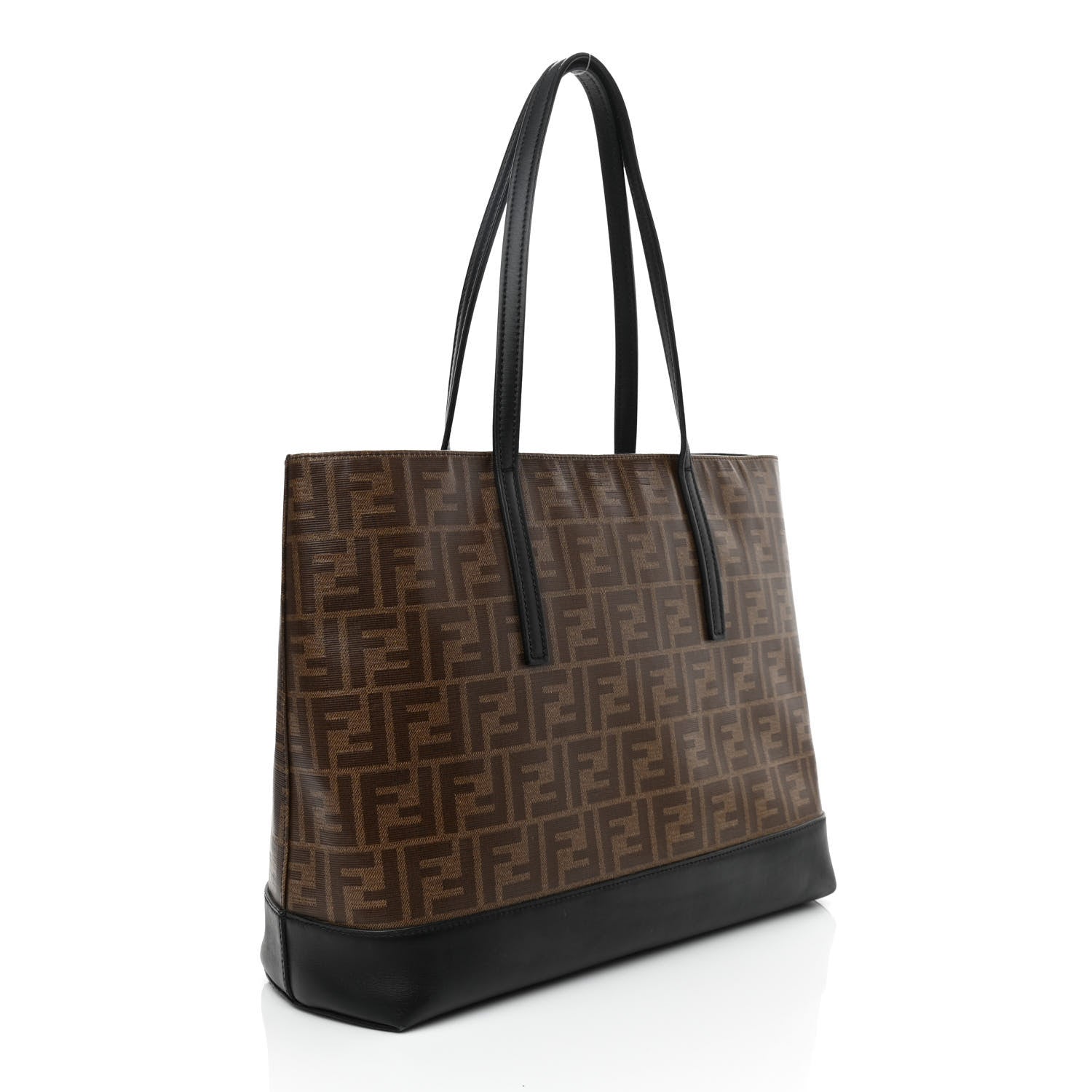 Fendi Glazed Fabric Vitello Century FF 1974 Stamp Patch Shopping Tote Mogano Panna Black 3 of 13