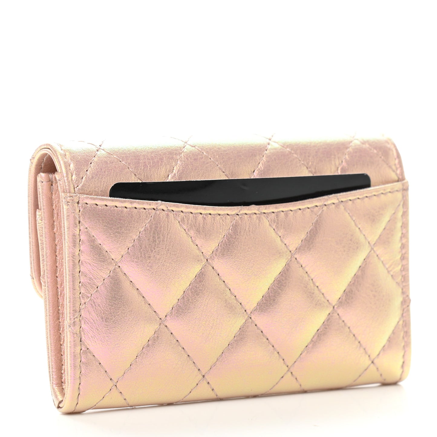 Iridescent Calfskin Quilted Flap Card Holder Wallet Pink