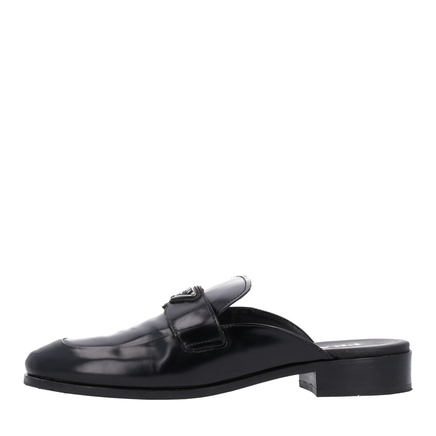 Prada City Calfskin Metal Triangle Logo 20mm Flat Mules 41 Black 1 of 9