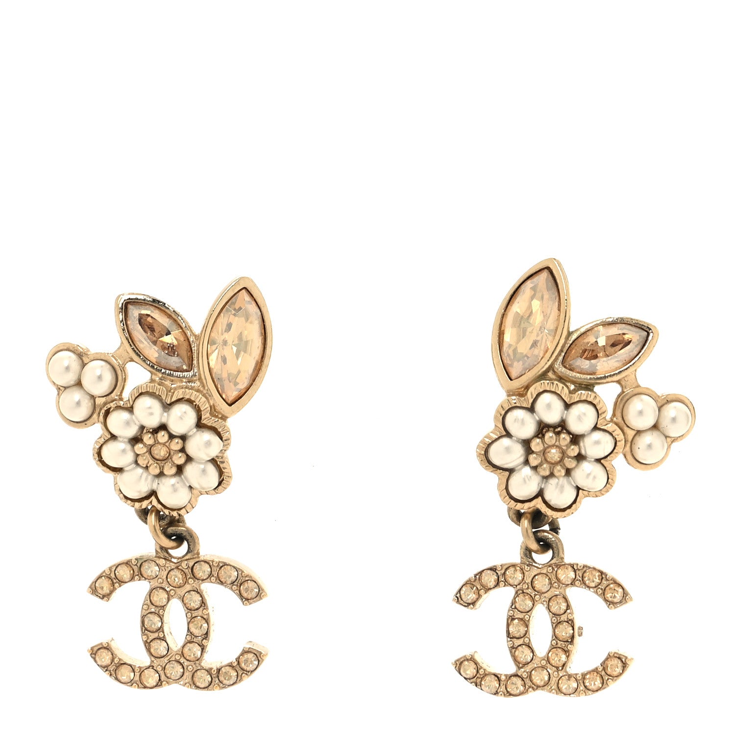 Chanel Pearl Crystal CC Flower Drop Earrings Gold Light Brown Pearly White 1 of 5
