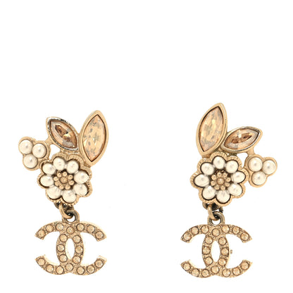 Chanel Pearl Crystal CC Flower Drop Earrings Gold Light Brown Pearly White 1 of 5