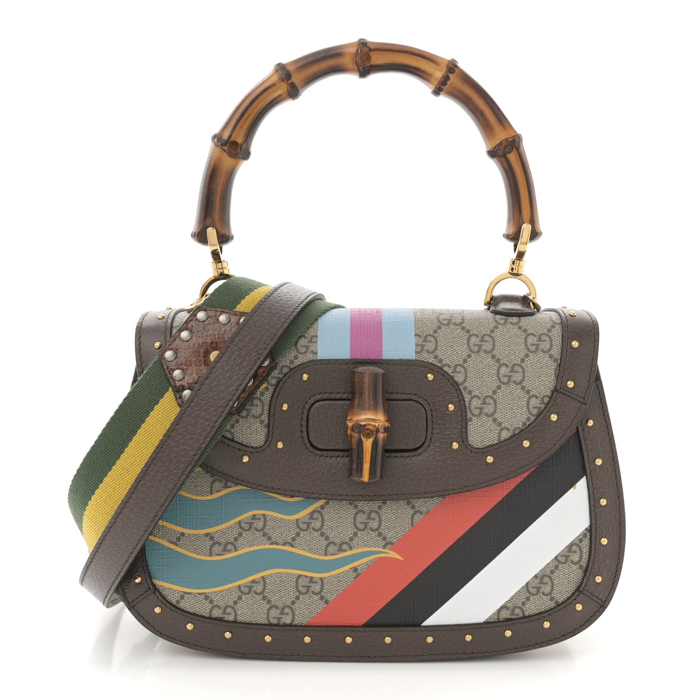 GG Supreme Monogram Studded Calfskin Centum Medium Bamboo 1947 Top Handle Bag Beige Ebony Multicolor