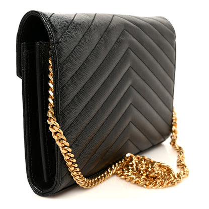 Saint Laurent Grain De Poudre Matelasse Chevron Monogram Chain Wallet Black 2 of 9
