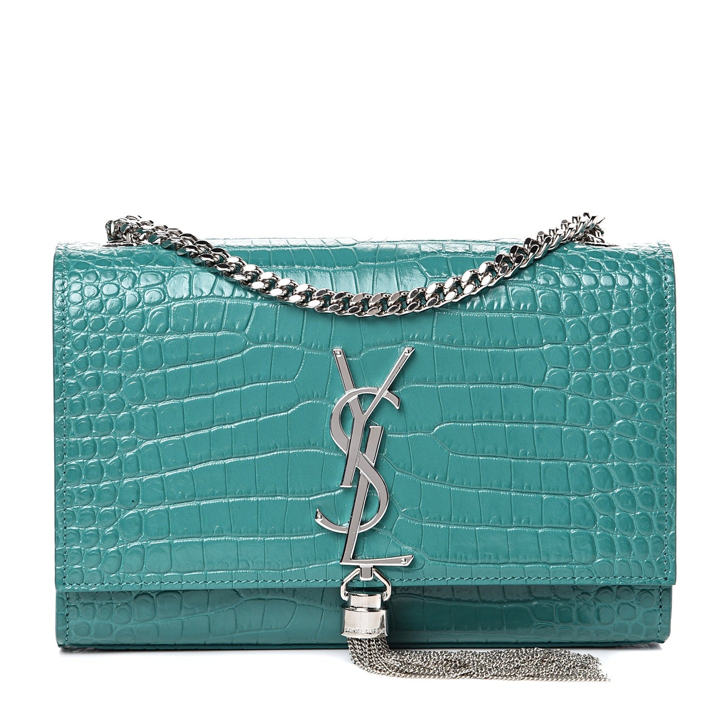 Calfskin Crocodile Embossed Monogram Small Kate Tassel Satchel Green