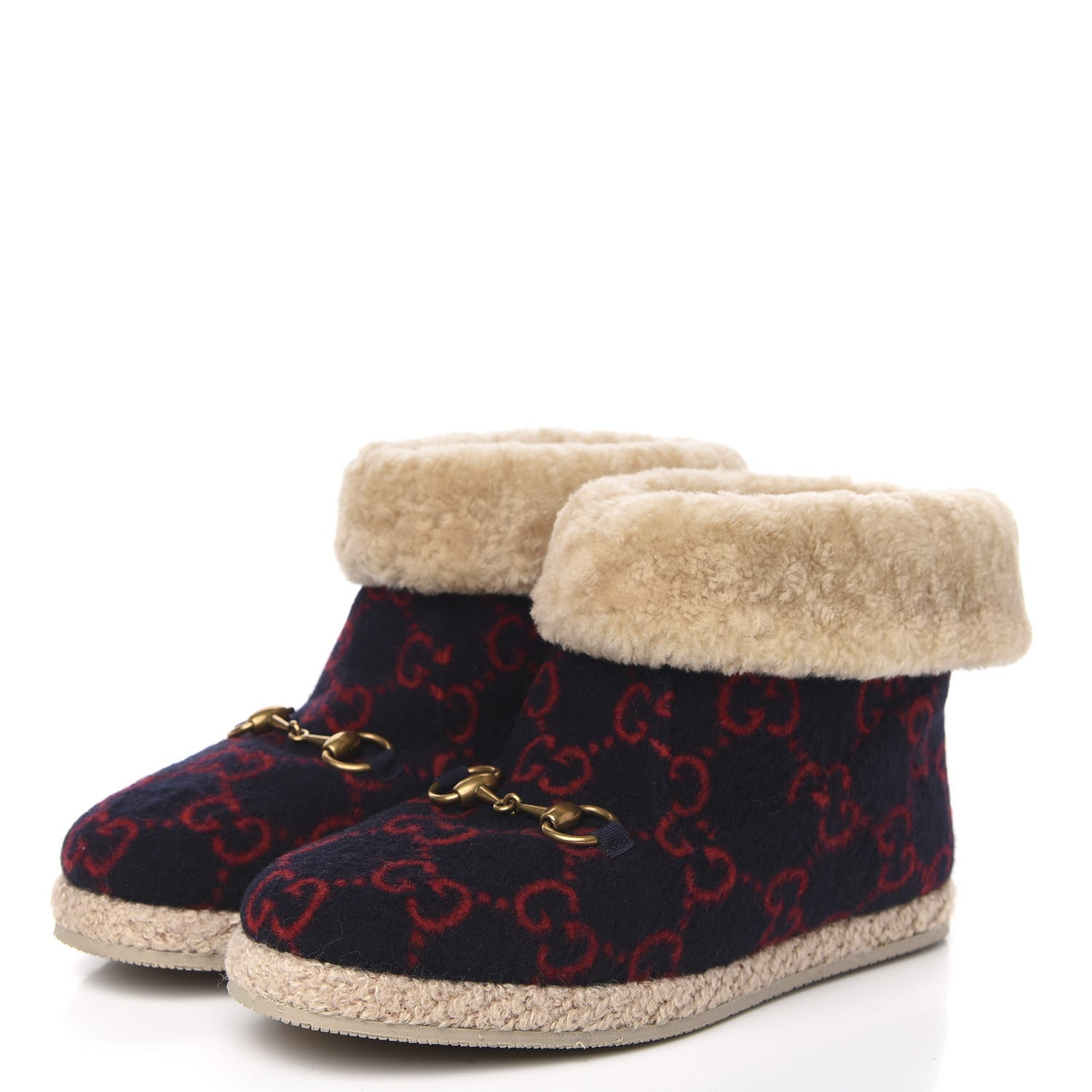 Gucci Covered Wool GG Monogram Womens Fria Horsebit Ankle Boots 37 Blue Red Butterscotch 3 of 8