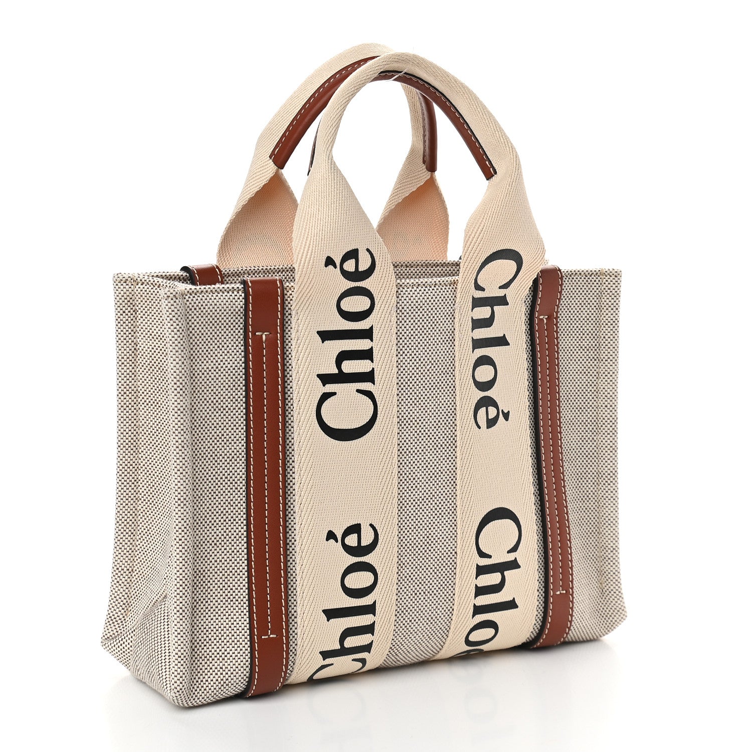 Chloe Cotton Calfskin Small Woody Ribbon Tote White Brown 3 of 9