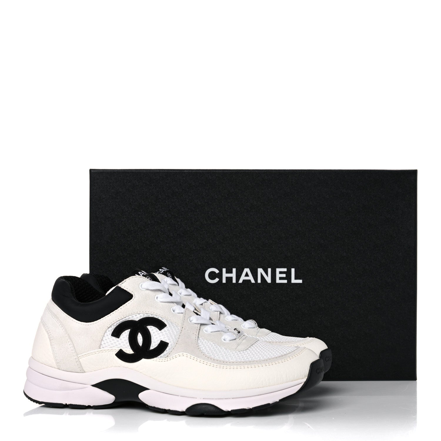 Chanel Mesh Suede Calfskin Grained Calfskin Womens CC Sneakers 39 White Black 8 of 8